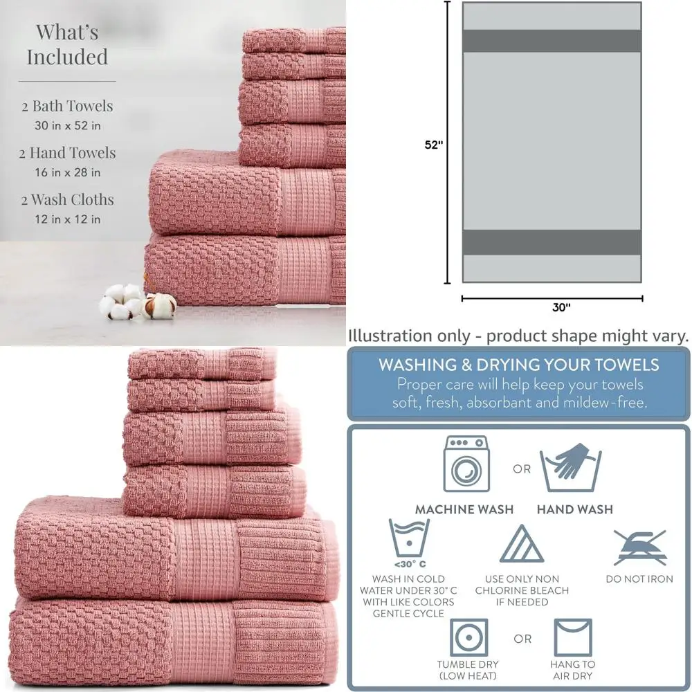 

6-Piece Cotton Towel Set: Ultra Soft, Absorbent, Quick-Drying Bath & Hand Towels in Rose