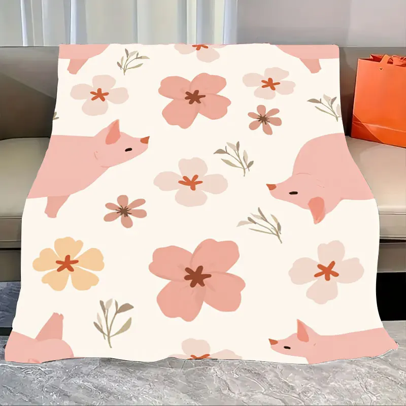 

1pc Flannel Blanket Cute Pig & Floral Print Soft Blanket for Cozy Home Decor