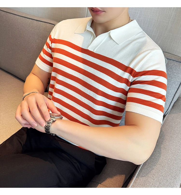 Summer Polos Male Elastic Striped Knitted T-Shirts For Men Clothing Luxury Design Slim Fit Short Sleeve Men's T Shirt  Top 2024