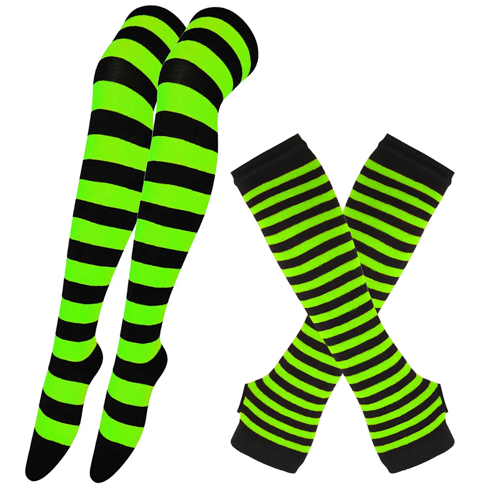 Chaussettes longues imprimées à rayures sur le genou pour femmes et filles, chaussettes hautes en coton pour Halloween, manches de bras, gants, grande taille