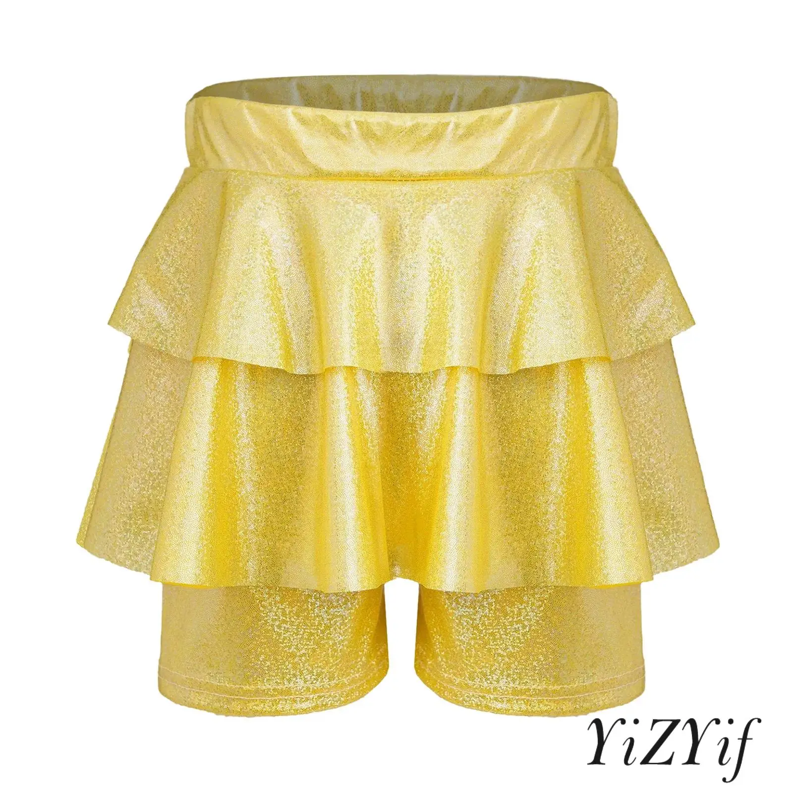 

Kids Girls Cheerleading Competitions Costume Metallic Shiny Skirted Shorts Elastic Waistband Culotte for Parties Jazz Dance