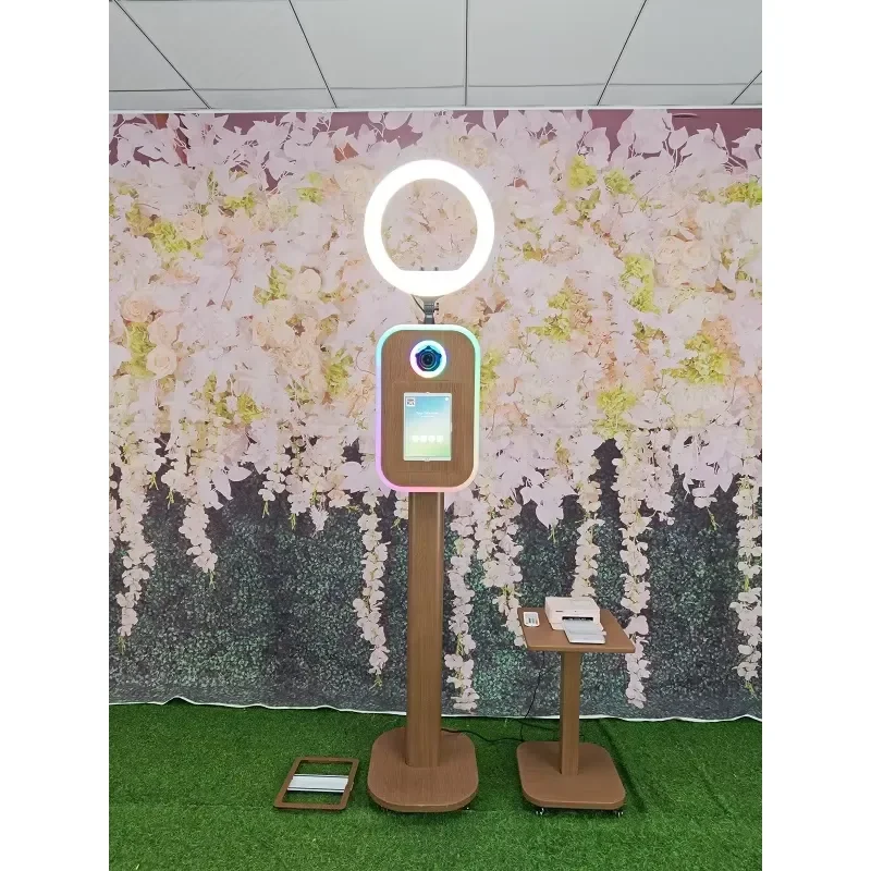 Wooden Grain Retro Dslr Photo Booth Quick Setup Aluminum Metal Photobooth with RGB Light iPad Photo Booth for Wedding Party