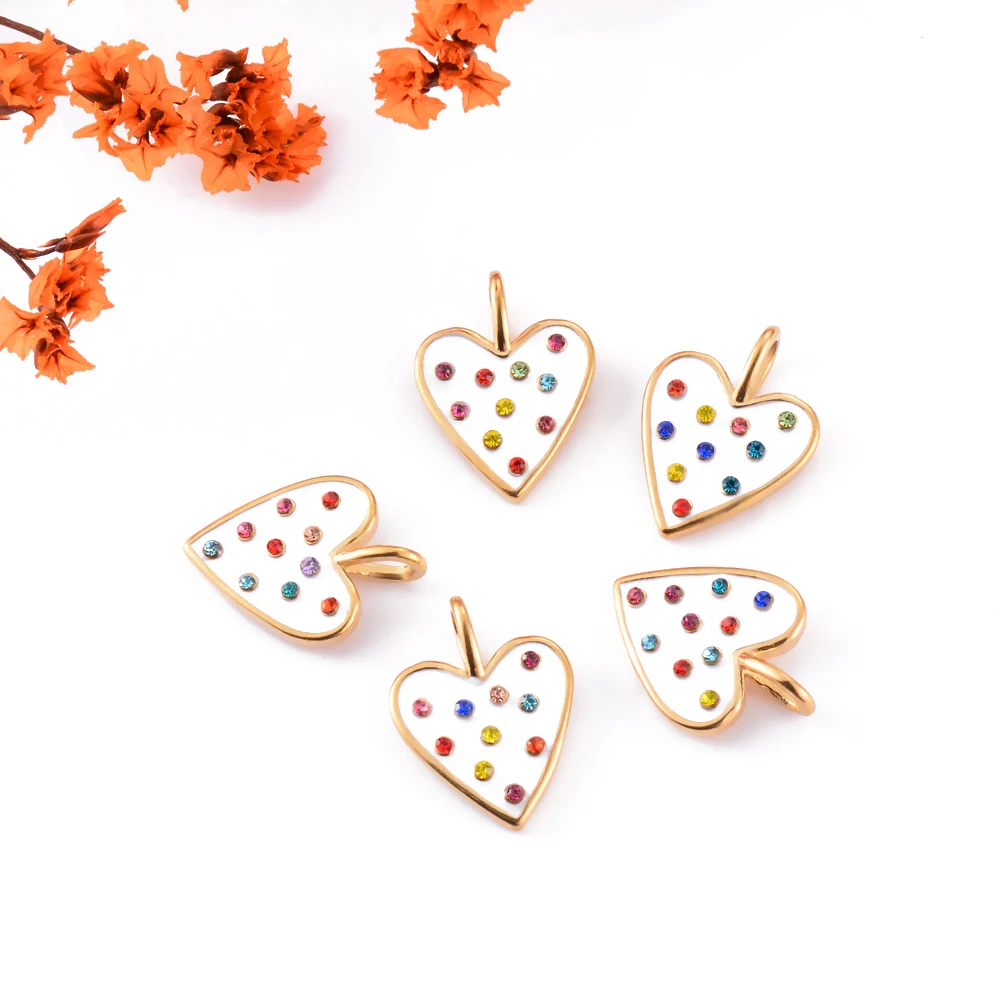 Wholesale 5 PCs Stainless Steel Colorful Rhinestone Enamel Heart Charms Pendant DIY Necklace Jewelry Finding Making