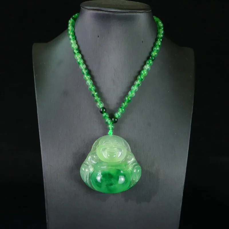 

Natural High Ice Quartzite Jade Maitreya Buddha Pendant Necklace