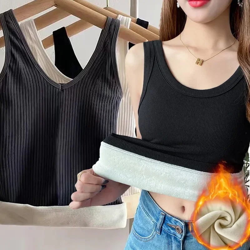 Women Winter Warm Underwear Solid Color Thermal Casual Nightwear Sexy Elasticity Female Thin Velvet T-shirt Sleeveless Top Vest