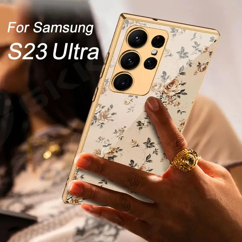 

Luxury Plating Tempered Glass Case For Samsung Galaxy S23 Ultra Painted Glass Anti-knock Hard Cover For Galaxy S24 Ultra Case