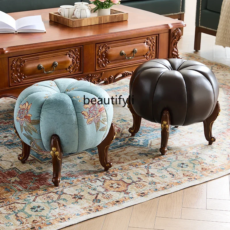 

ss8350 European soft bag low stool household living room solid wood sofa stool American fabric leather chair villa pumpkin stool