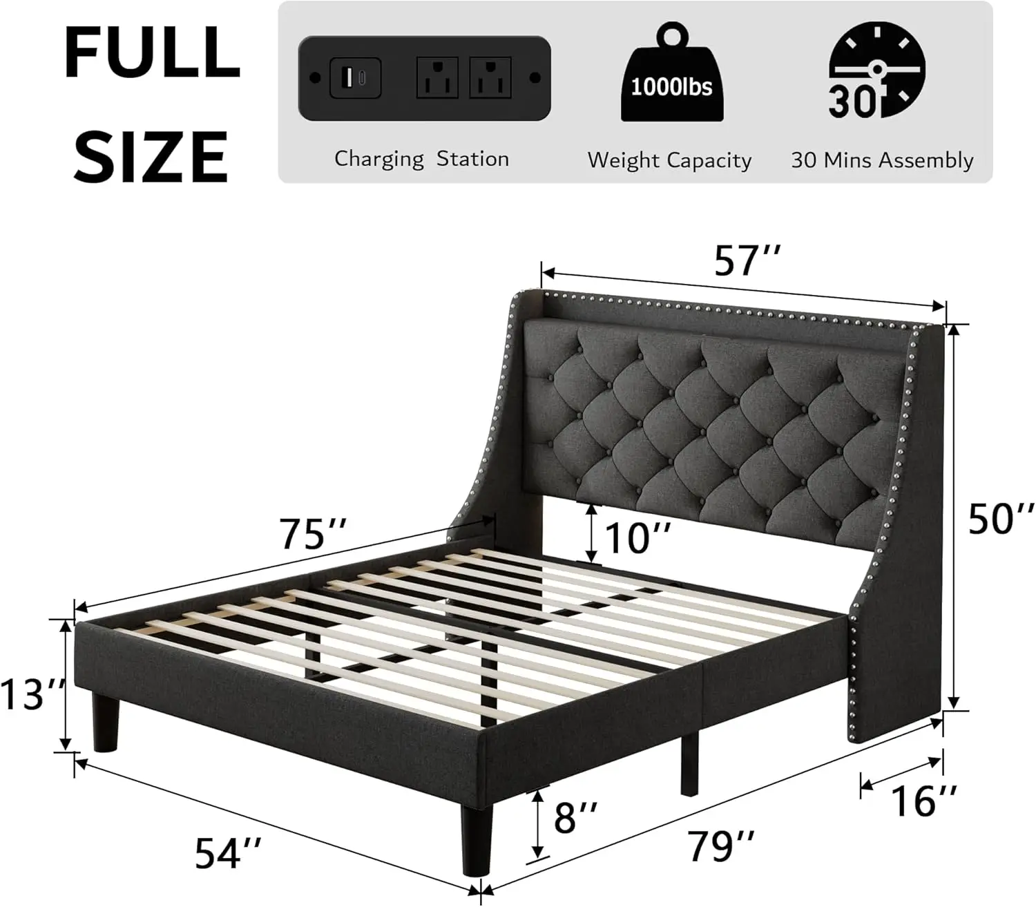 USB & Type-C Ports, Upholstered Platform Beds with Button Tufted Storage Headboard