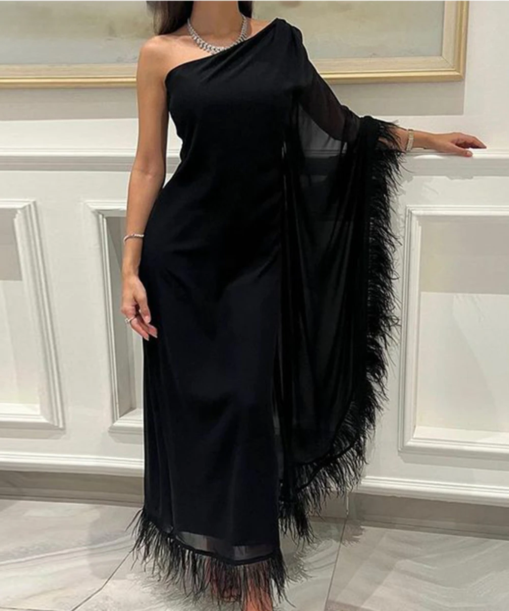 Robe de Soirée Élégante en Mousseline de Soie pour Femme, Sirène Noire, Plumes de Luxe, Manches sulf