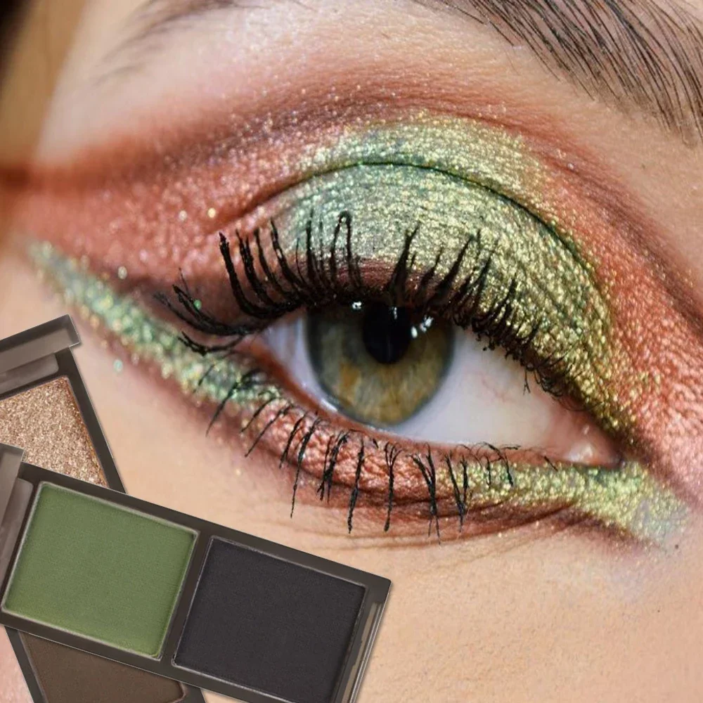 Paleta de sombra de ojos duradera, maquillaje de ojos portátil, resistente al agua, polvo de refrigeración, tinta, dos colores prensados, brillo