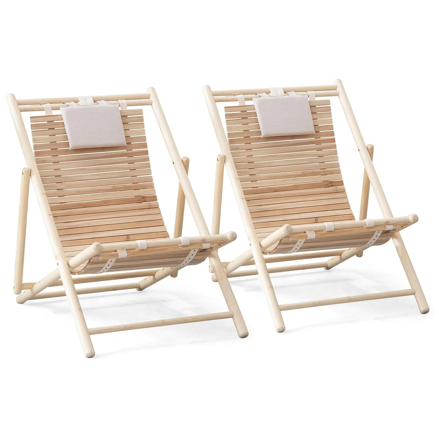 Wood Lounge Chair Outdoor - Folding Beach Chair with Detachable Headrest, 3-Level Adjustable Backrest, 330 Lbs Capacity, Slatted