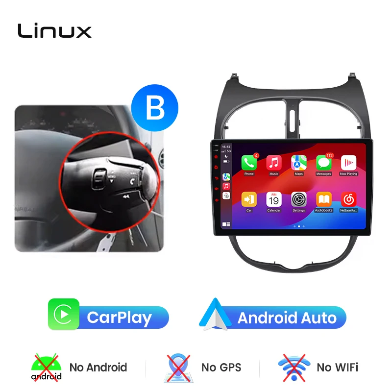 Junsun draadloze CarPlay Android Auto autoradio voor Peugeot 206 (Hatch/CC/SW) 1998-2012 met ingebouwde koelventilator, Android GPS navigatie, multimediaspeler, WiFi, DSP, RDS, BT, SWC, IPS