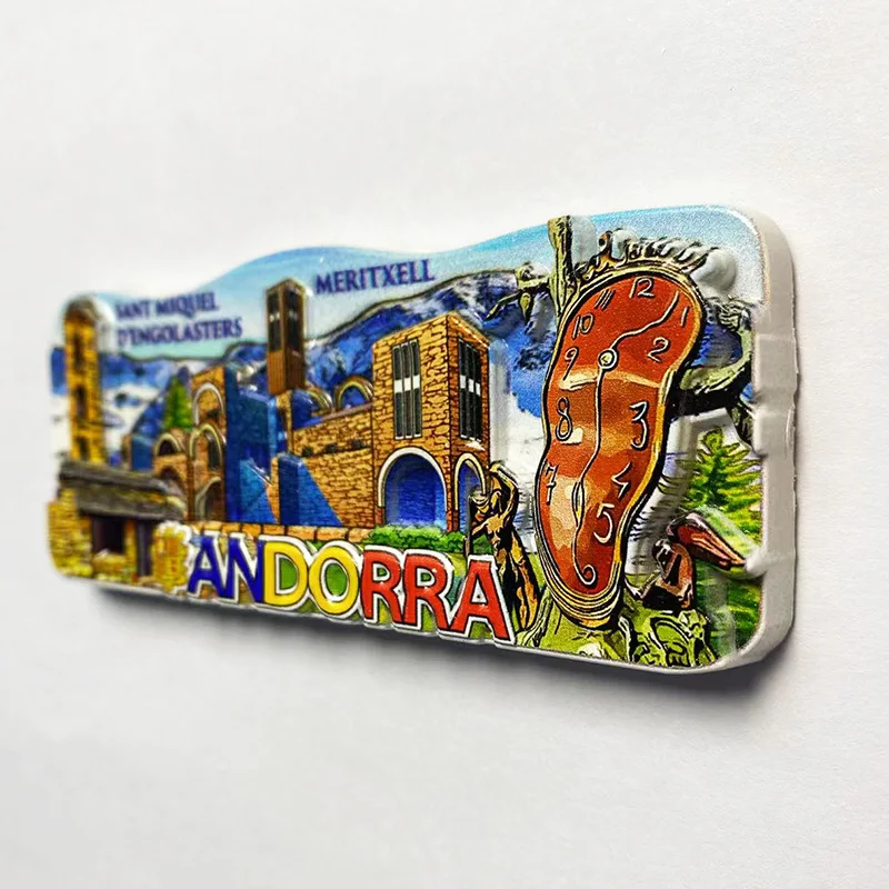 Andorra, tourist souvenirs, Our Lady of Merritxell Temple, Timeless Time sculpture 3D refrigerator magnets, home decor items and