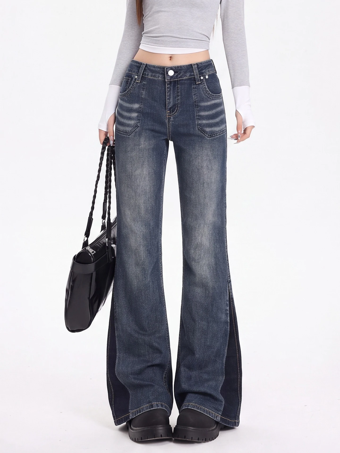 Retro Deep Blue Side Patchwork Micro Flared Denim Jeans Women's High Waist Slimming Floor-Length Pants Casual Cotton Blend