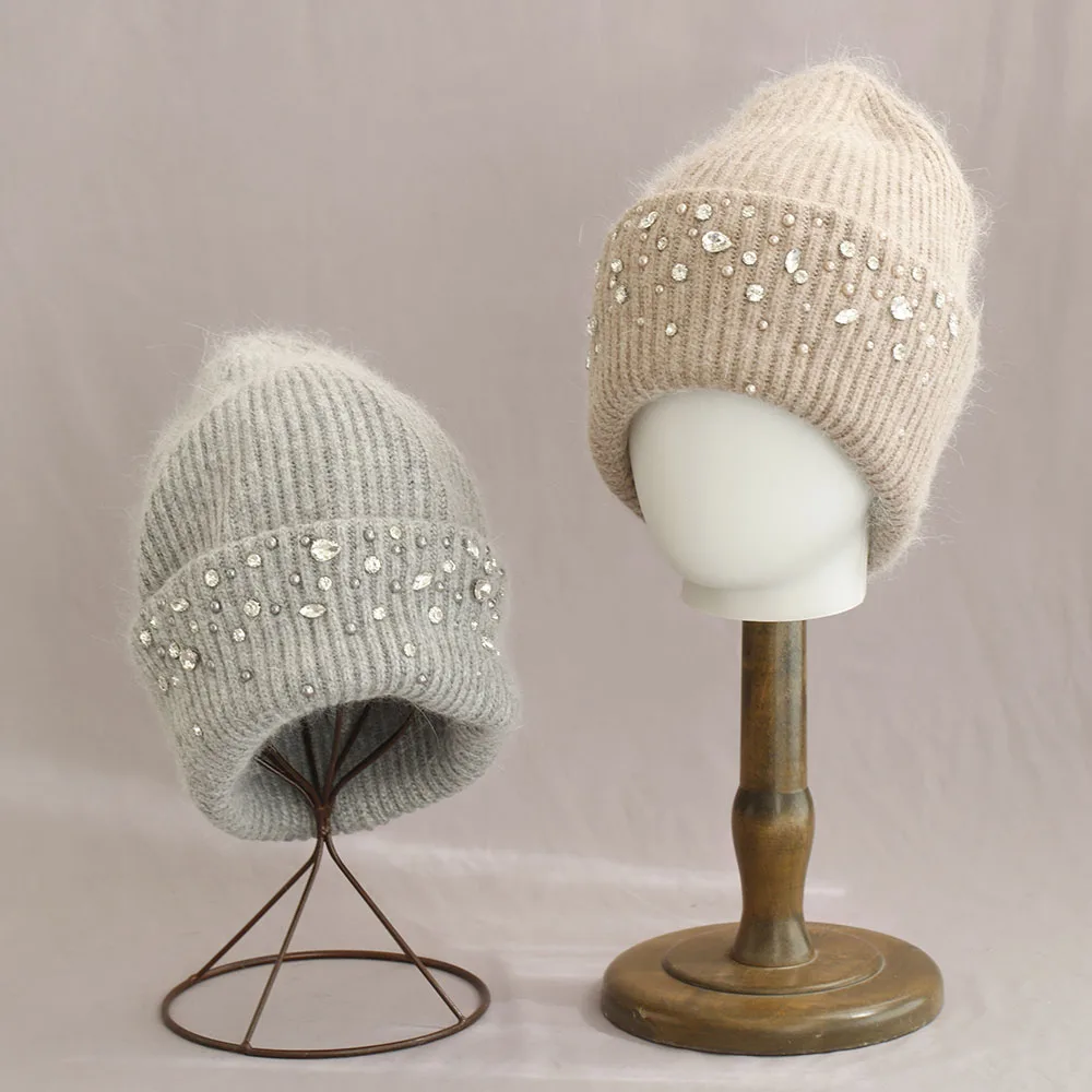 2026 Hot Selling Winter Hat Real Rabbit Fur Winter Hats For Women with Pearl  Warm Beanie Hats Women Solid Adult Cover Head Cap