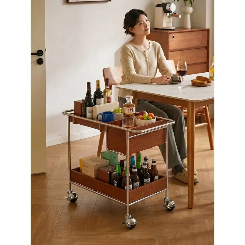 Mobile Solid-Wood Rolling Cart Side Table Mid-Century-Style Living Room Shelf Small Apartment Coffee Table Walnut Finish