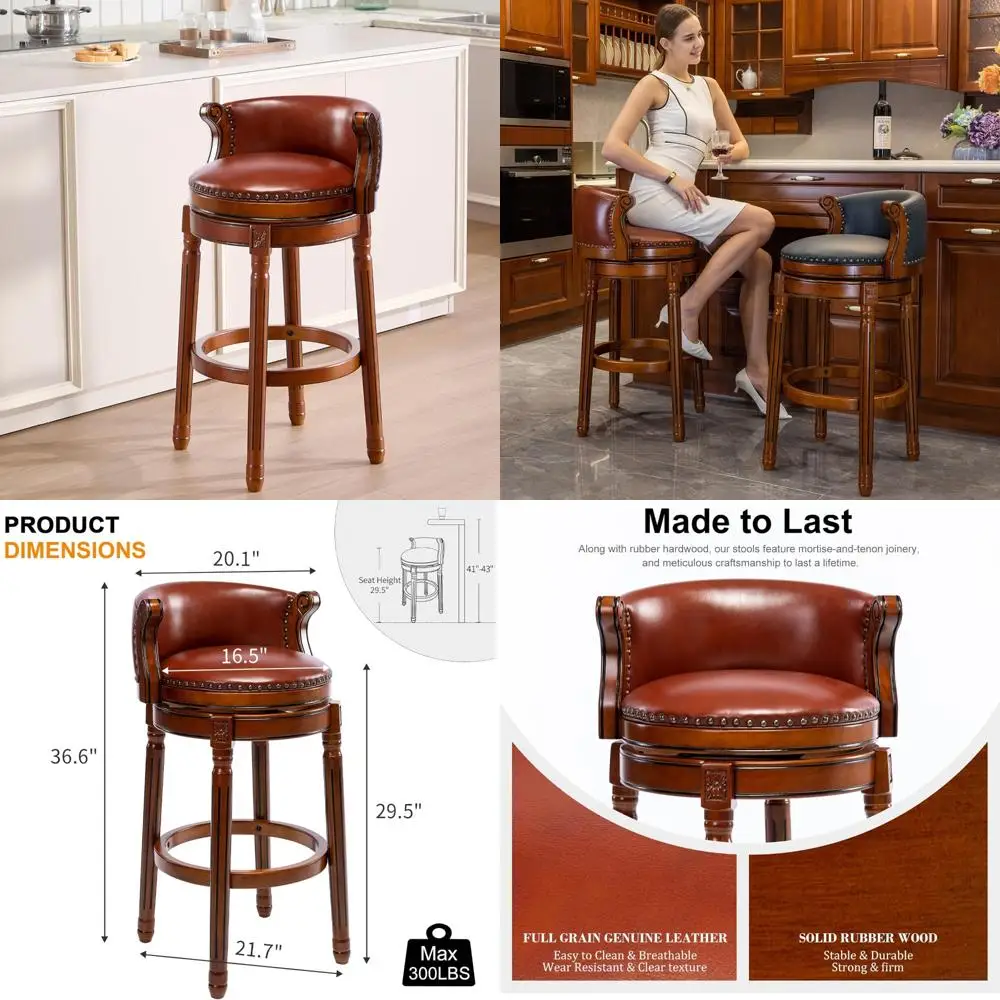 

Mid Century Modern 30-inch Leather Swivel Bar Stool with Wooden Legs and Brown Backrest
