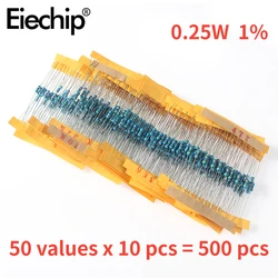 Juego surtido de resistencias de 500 Uds., 1/4W, 1Ohm ~ 10M, 50 valores, Kit de resistencias de película metálica, juego de resistencias de alta calidad 39K 47K 56K 68K