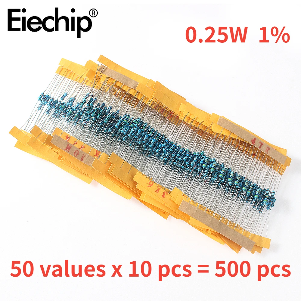 500PCS 1/4W Resistor Assorted Set Pack 1Ohm ~10M 50 Values Metal Film Resistor Kit High-Quality Set of Resistor 39K 47K 56K 68K