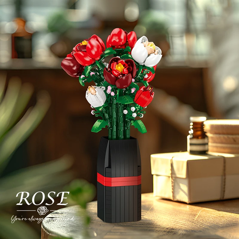 

Flowers Red Rose Vase Building Blocks MOC Bouquet Potted Plants Model Home Decor Bricks Toys Romantic Girl Valentine's Day Gift