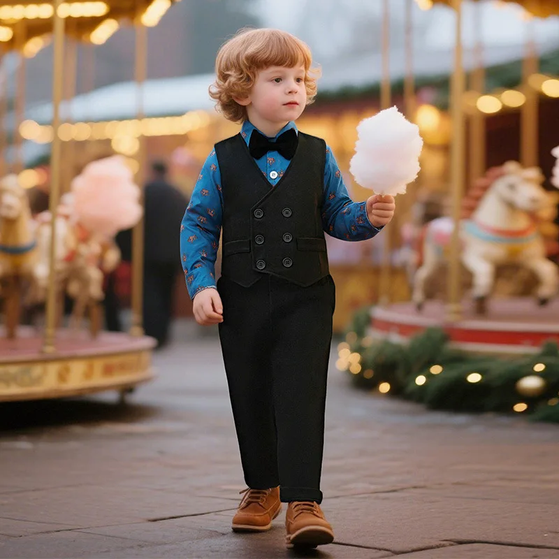 Toddler Boys Gentleman 3ps Suit British Style Vest Shirt Pants Set Formal Outfit Birthday Wedding Party Festival Costume Kids