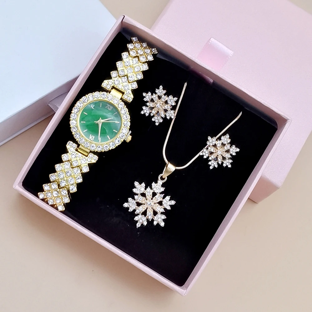 Luxury Rhinestone Watch Fashion Women Quartz Watches With Crystal Snowflake Jewelry Set Earrings Necklace Female Clock With Box