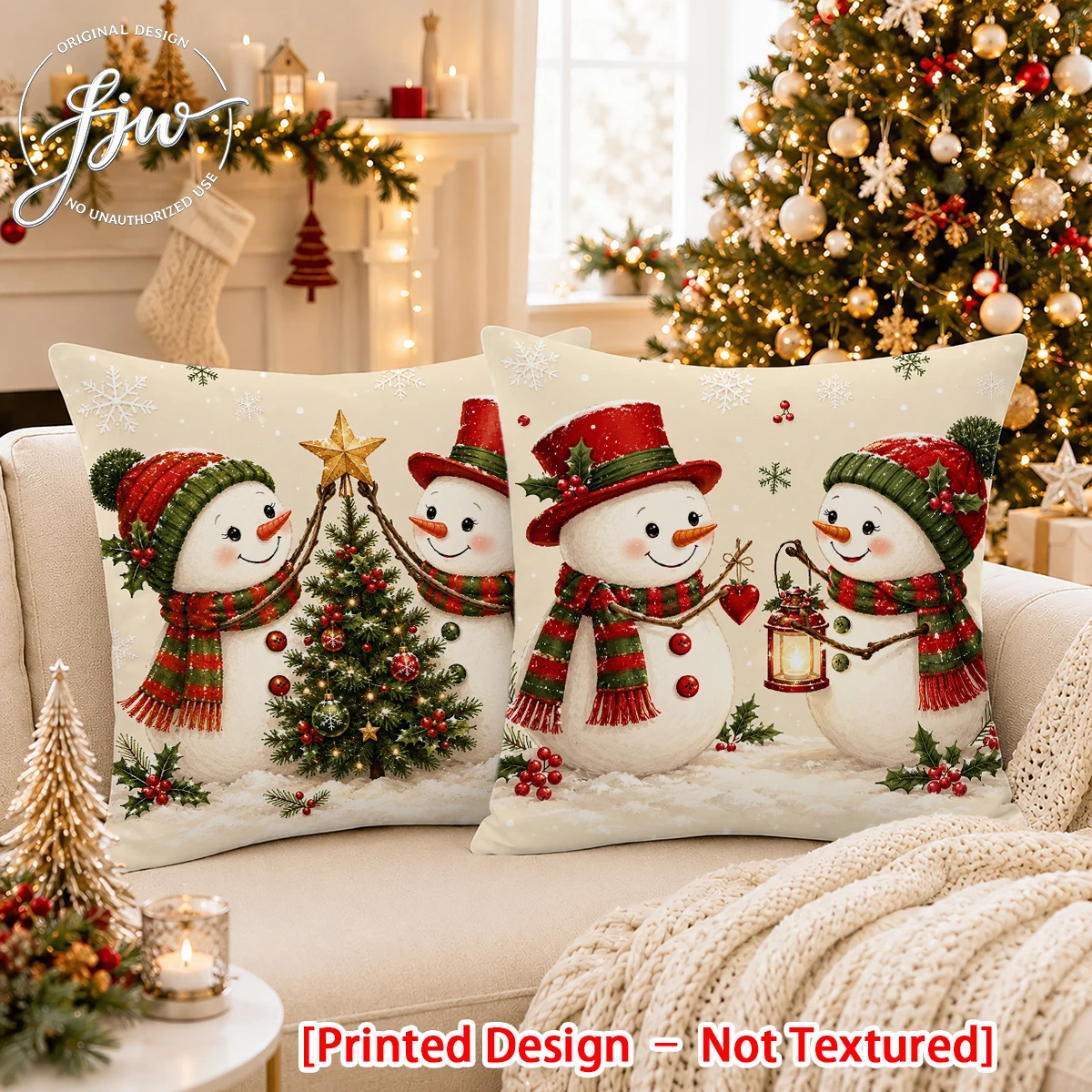 2D FLAT-2PCS Christmas Snowman Tree Throw Pillow Covers Suitable for holiday gifts for living room sofa bedroom