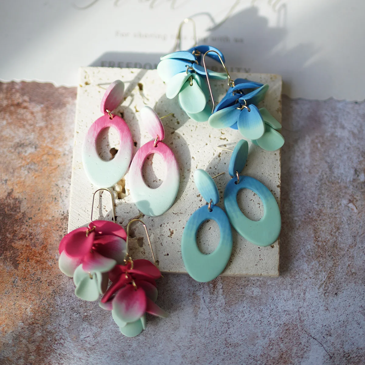 Romatic Marble Polymer Clay Earrings Bright Contrast Colors Cluster Shape Leaf Drop Dangle for Holiday Spring Summer Holiday