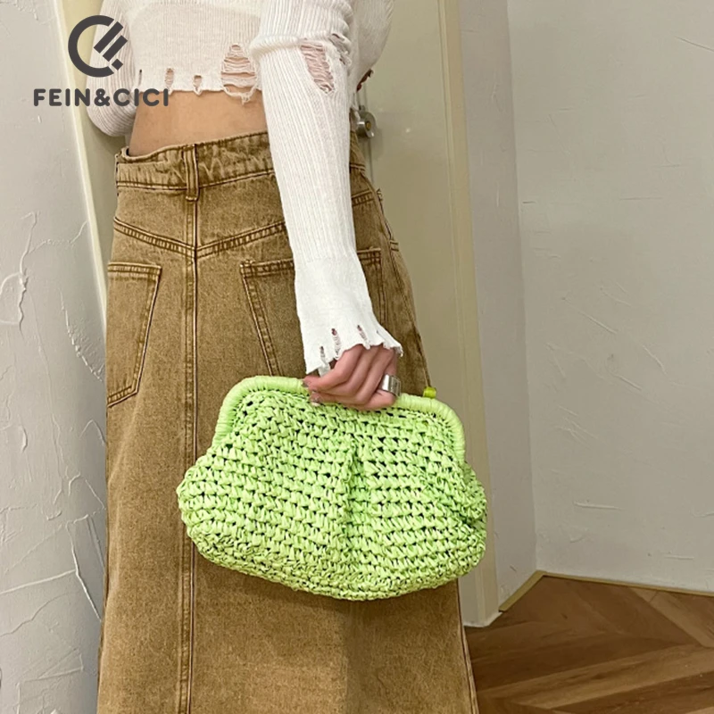 Raffia Crochet straw clutch bag women handmade summer beach woven handbag  khaki natrual green rose 2023 new