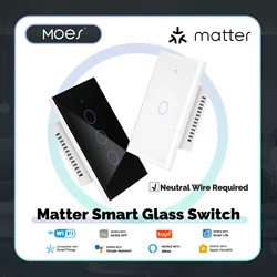 MOES Tuya WiFi Matter US Smart Light Glass Switch Touch Panel Fireproof Neutral Wire Require Support Alexa Google Home Homekit