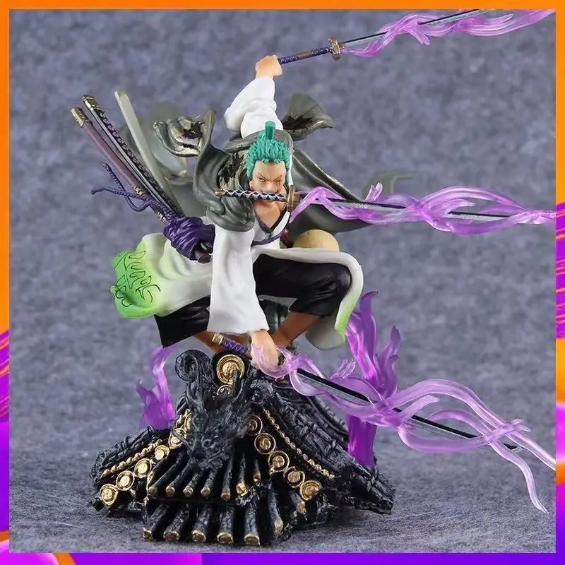 

In Stock One Piece 6.69in/17cm Roronoa Zoro dragon ballz Squat Three knives Fighting fiercely Domineering PVC Mode Toys Gifts