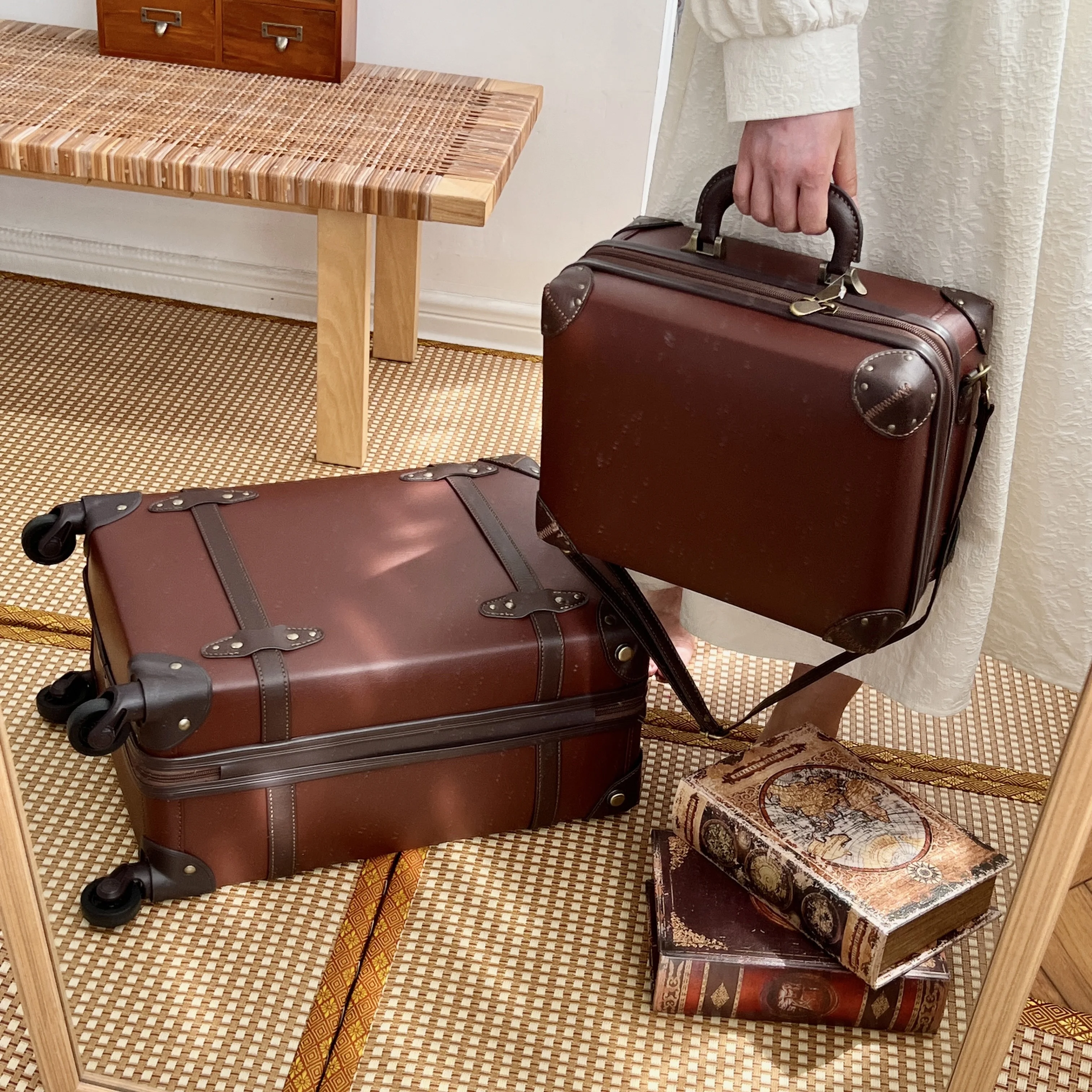 Valise de voyage pour étudiants, ensemble de valises à roulettes rétro pour embarquement d'affaires, mot de passe en PU, cabine de bagages de voyage