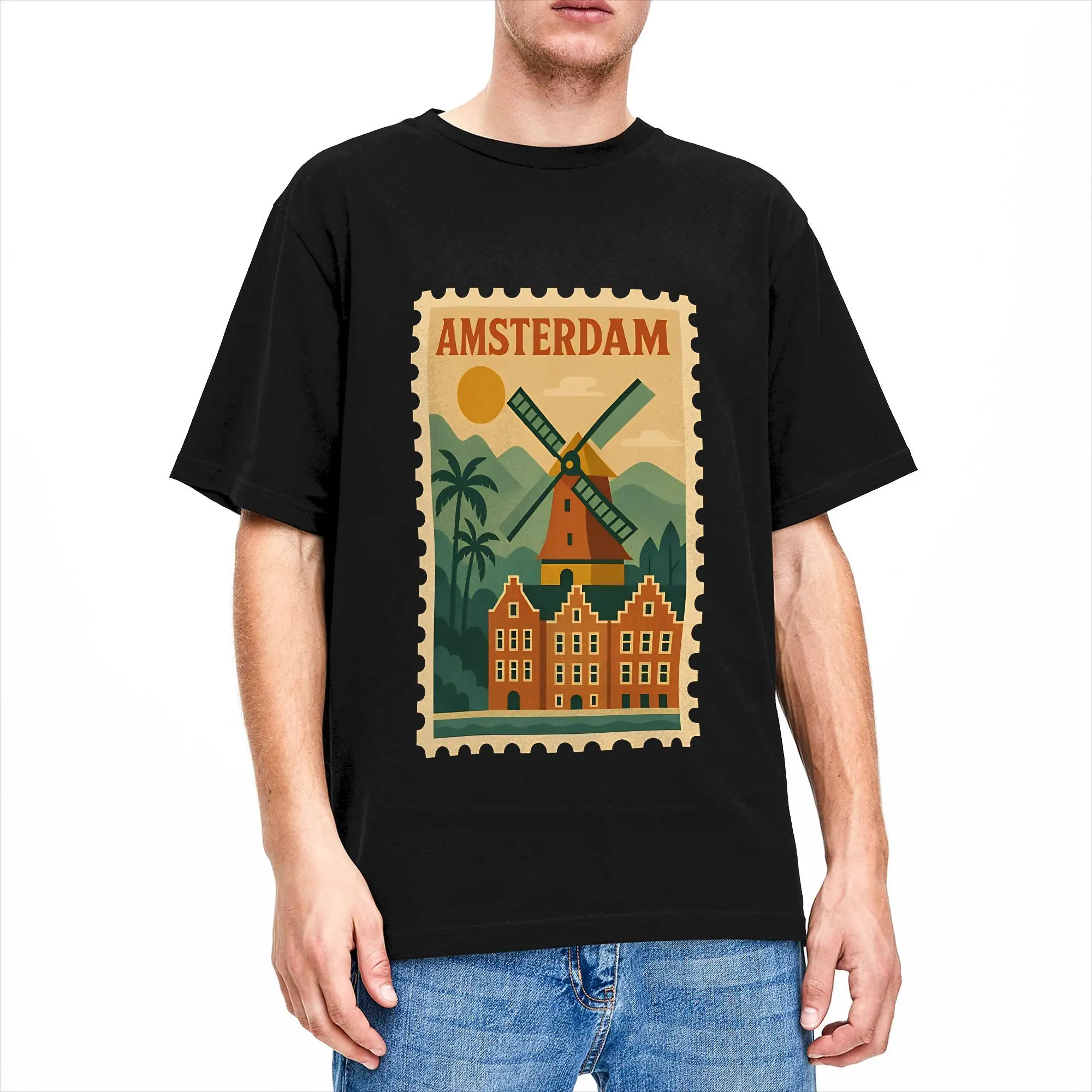 Awesome Vintage Stamp of Amsterdam  Retro Netherlands Travel Poster T-Shirt Men O Neck Cotton T Shirt Short Sleeve Tees