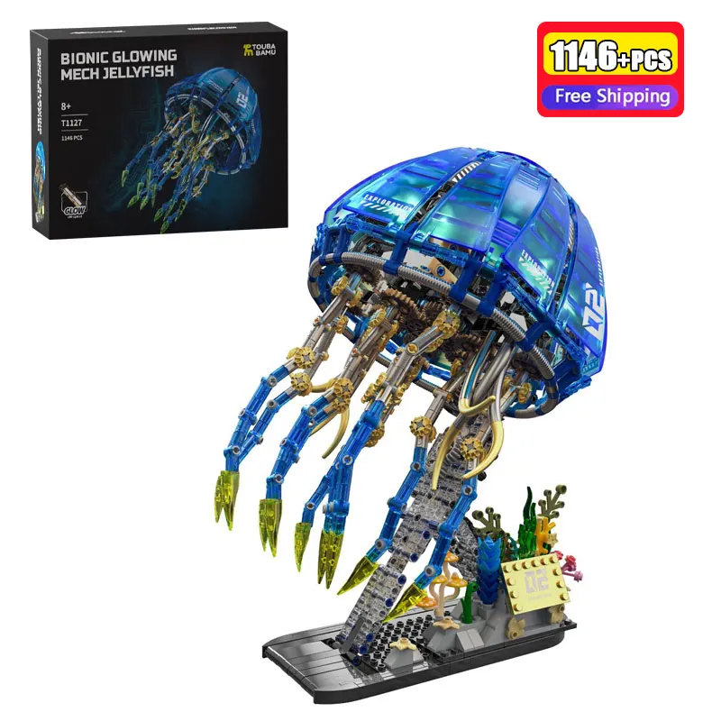 

T1127 1146pcs Bionic Deep Sea Mechanical Jellyfish Building Block Kit Motorized Electric LED Light Version Simulation Model Gift