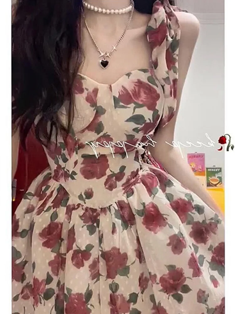 

Tea Break French Style Pure Rose Floral Strap Dress Women's Summer Waist-Tight Backless Puffy Short Skirt