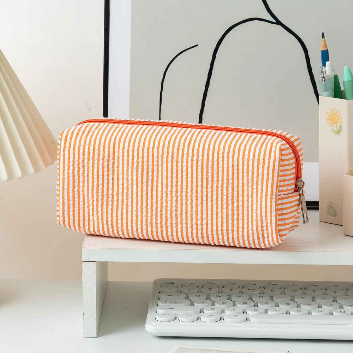 5pcs Lady Seersucker Striped Pillow Shaped Waterproof Protable Long Cosmetic Bag With Tassel
