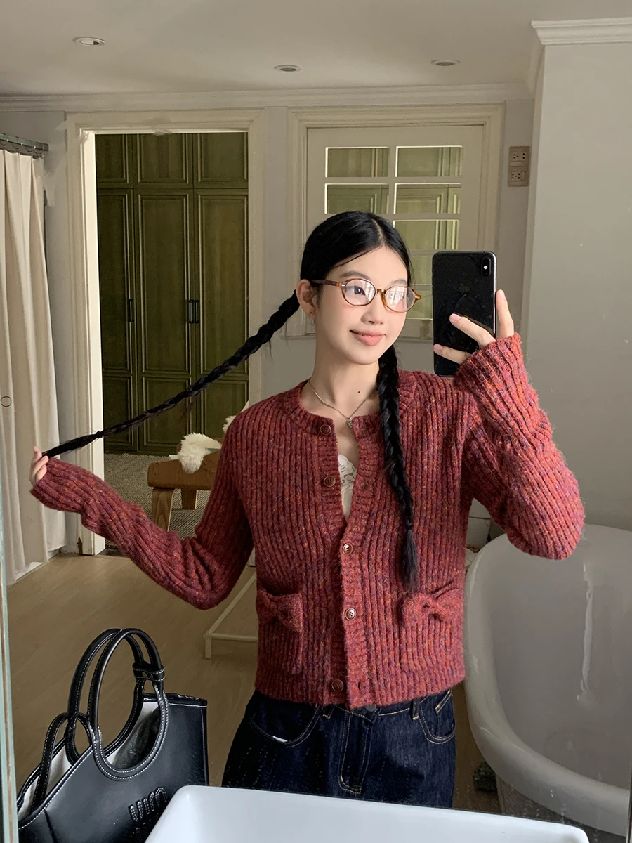 

Красный вязаный открытый кардиган, женский длинный дизайн верхней одежды све, весна-осень, Новое поступление, G Sle, простой прямой крой