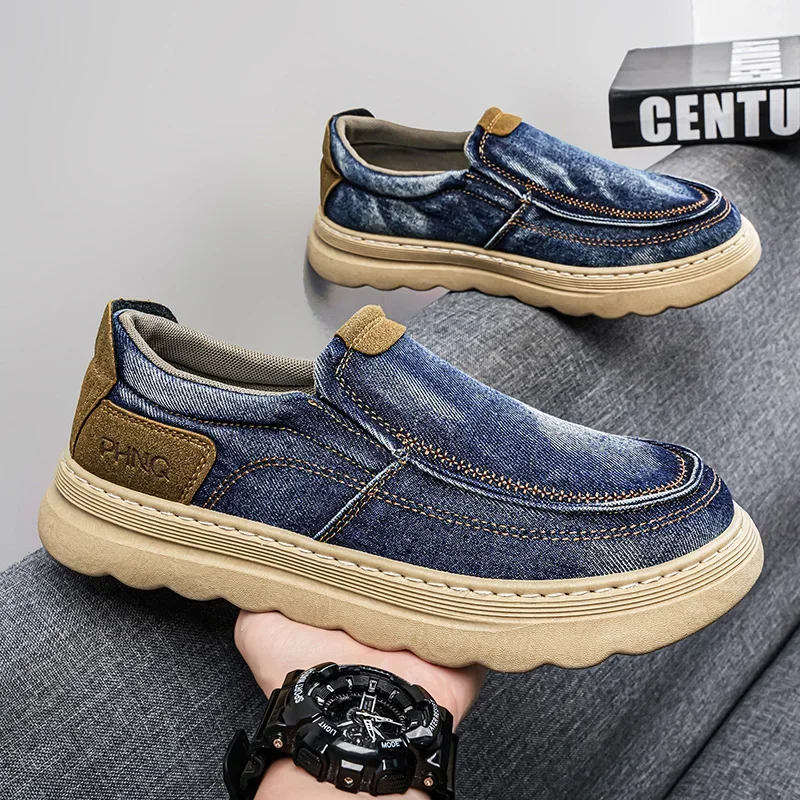 Flats Comfortable Fashion Breathable Washed Denim Lazy Loafers 2026 New Men Shoes Canvas Shoes Loafers Vintage Male Casual Shoes