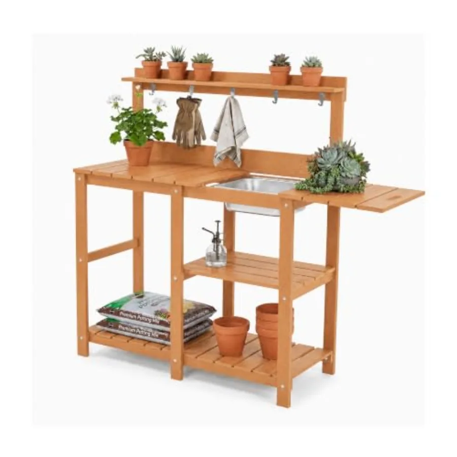 Potting Bench, Outdoor Potting Bench Table with Metal Sink, Expandable Tabletop