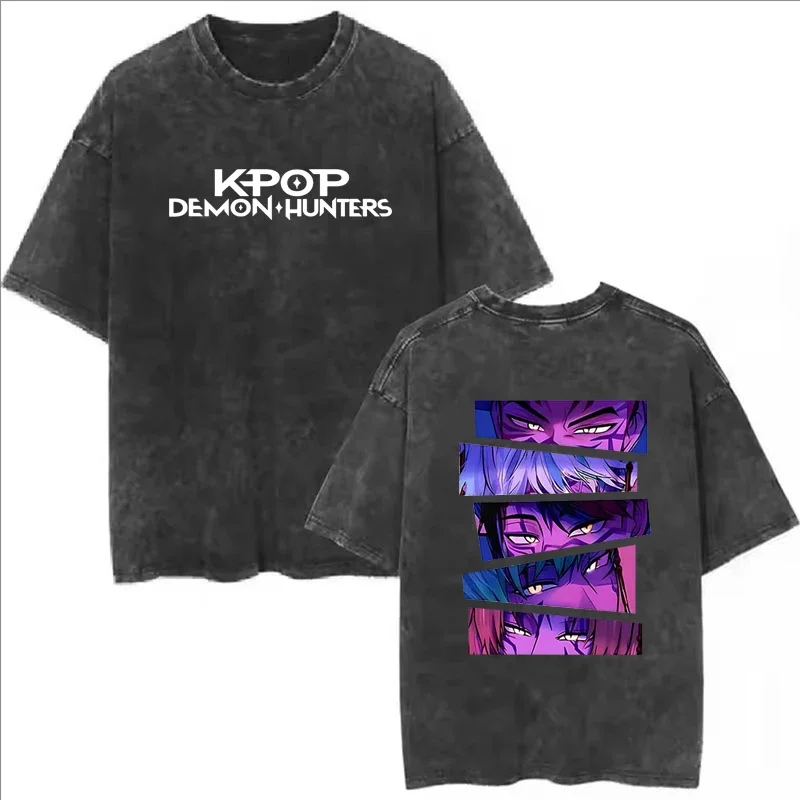 

Kpop Demon Hunter Fashion Vintage Streetwear Washed T-shirt Men Women Summer Casual Hip Hop Y2K Short Sleeve Tops Washed T-shirt