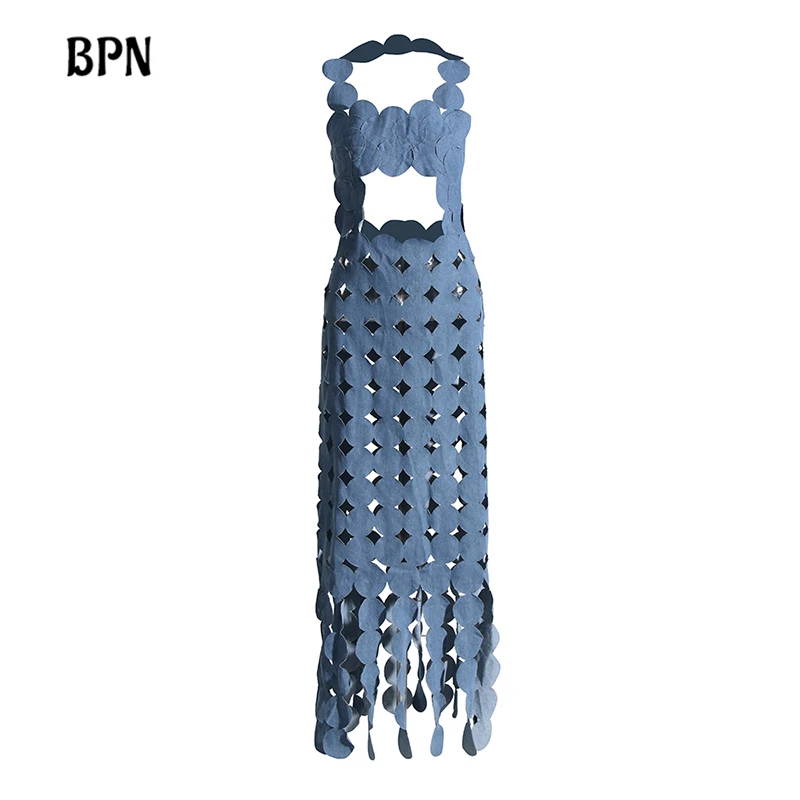 BPN Hollow Out Slimming Dresses For Women V Neck Sleeveless Backless High Waist Patchwork Denim Dot Dress Female Fashion Style