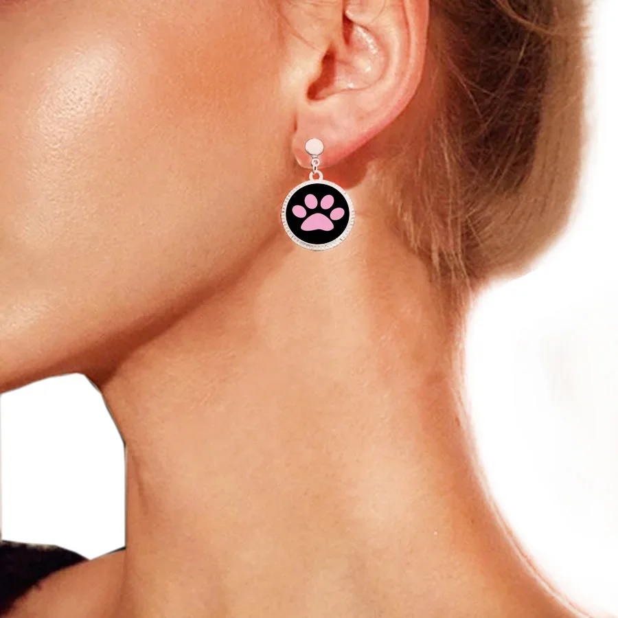 Cute Dog Paw Print Glass Women Dangle Earring I Love Cat and Dog Pendant Earring Lovely Cat Print Drop Earring for Girl