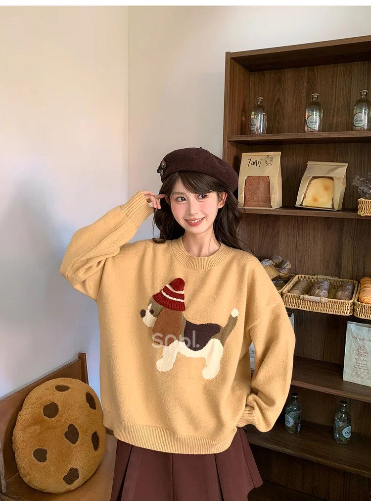 2025 Autumn New Retro Cute Cartoon Puppy Pullover Knitted Vest Round Neck Long Sleeve Soft Comfortable Casual Daily Sweater