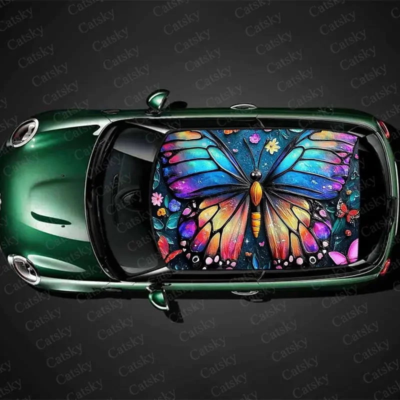 

Gradient Blue Butterfly Print Car Roof Sticker Wrap Racing SUV Auto Accessories Packaging PVC Car Hood Graphic Decal Decoration