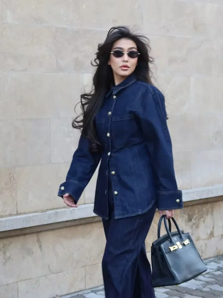 

Casual Blue Denim Pants 2-piece Set Lapel Long Sleeves Single Breasted Women's Loose Ruffle Top Suits With Pocket New Lady Wear