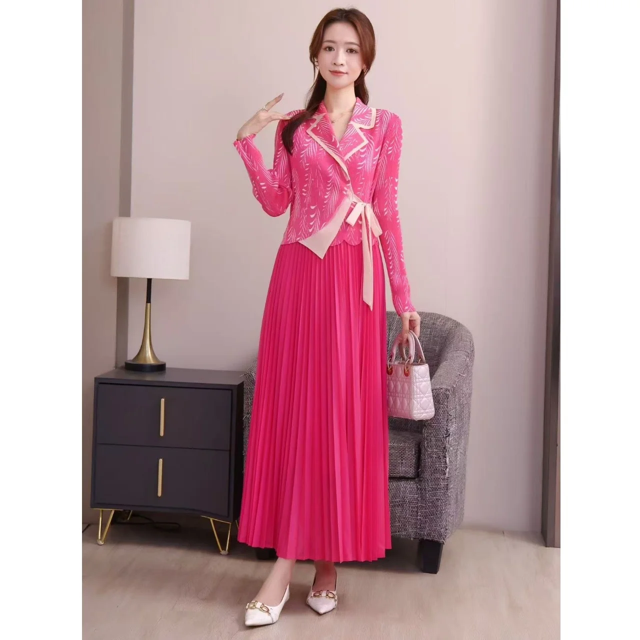 Ele Spring Wrap Dr con pliegues y pajarita Falda falsa de dos piezas Cintura elástica Poliéster Alto estiramiento para todas las estaciones Dr