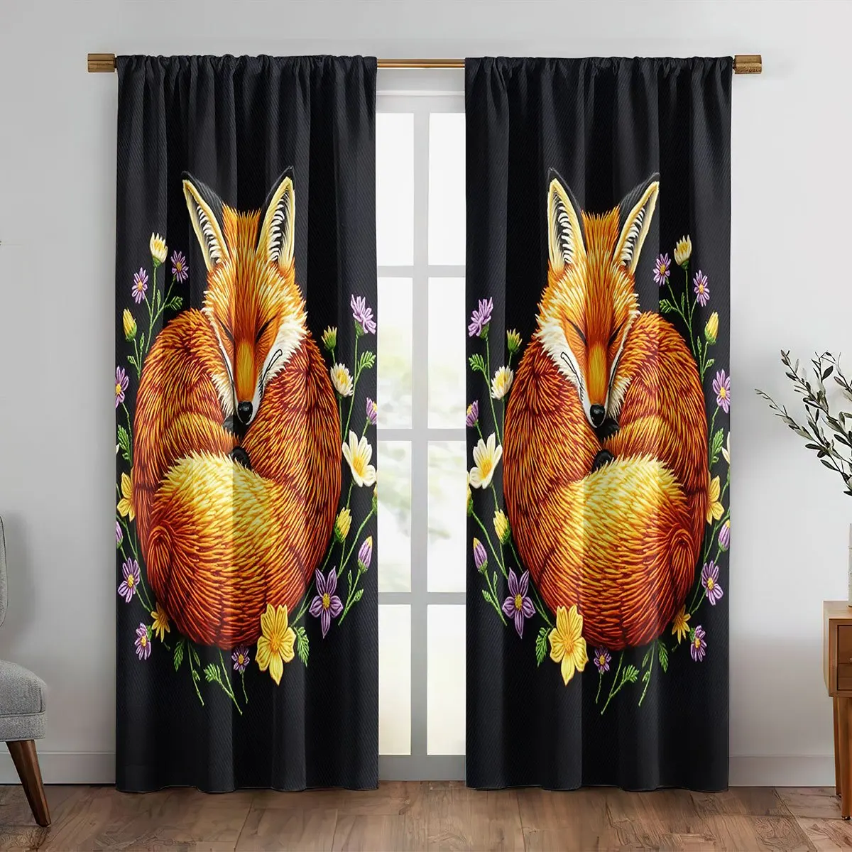 Large Decorative Fox Floral Print Curtains Blackout Curtains Pair for Modern Living Room Bedroom Window Drapes Home Decor