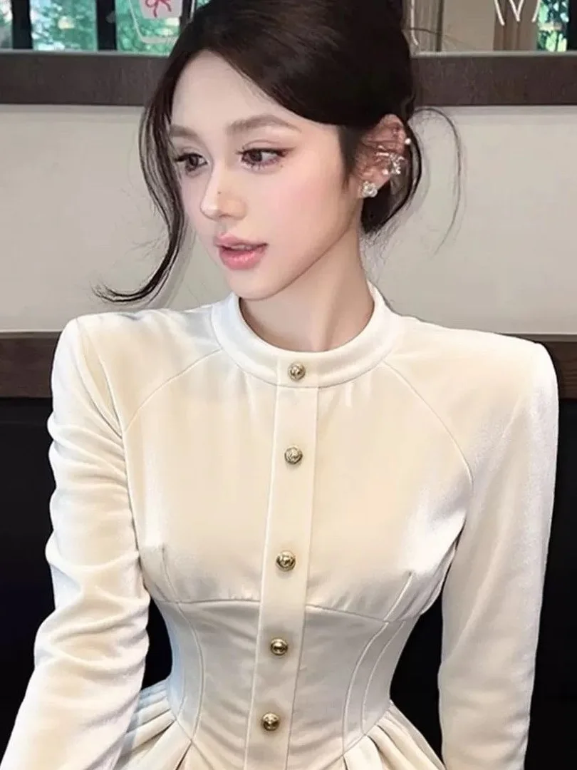 

Белая бархатная рубашка Ele для женщин: приталенная, с длинным рукавом, на пуговицах, с воротником-стойкой, с поясом, уникальный дизайн, модный топ для ранней осени