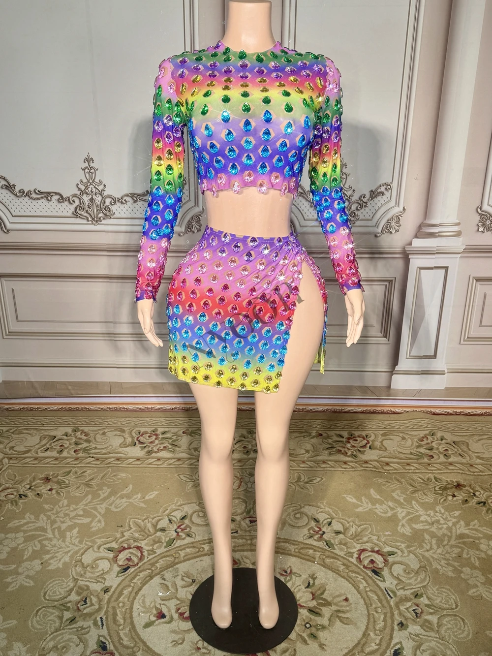 Sparkly Colorful Rhinestones Long Sleeve Crop Top Skirt Two Pieces Set Sexy Evening Birthday Celebrate Performance Dance Costume