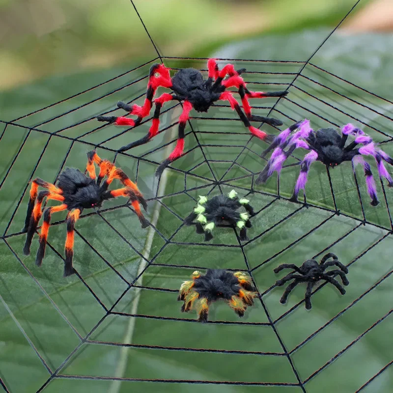 Riesiges rundes Spinnennetz und große haarige künstliche Spinne – gruselige Requisiten für Halloween-Dekorationen für Garten, Tür & Outdoor-Deko, Partygeschenke – Detail 3